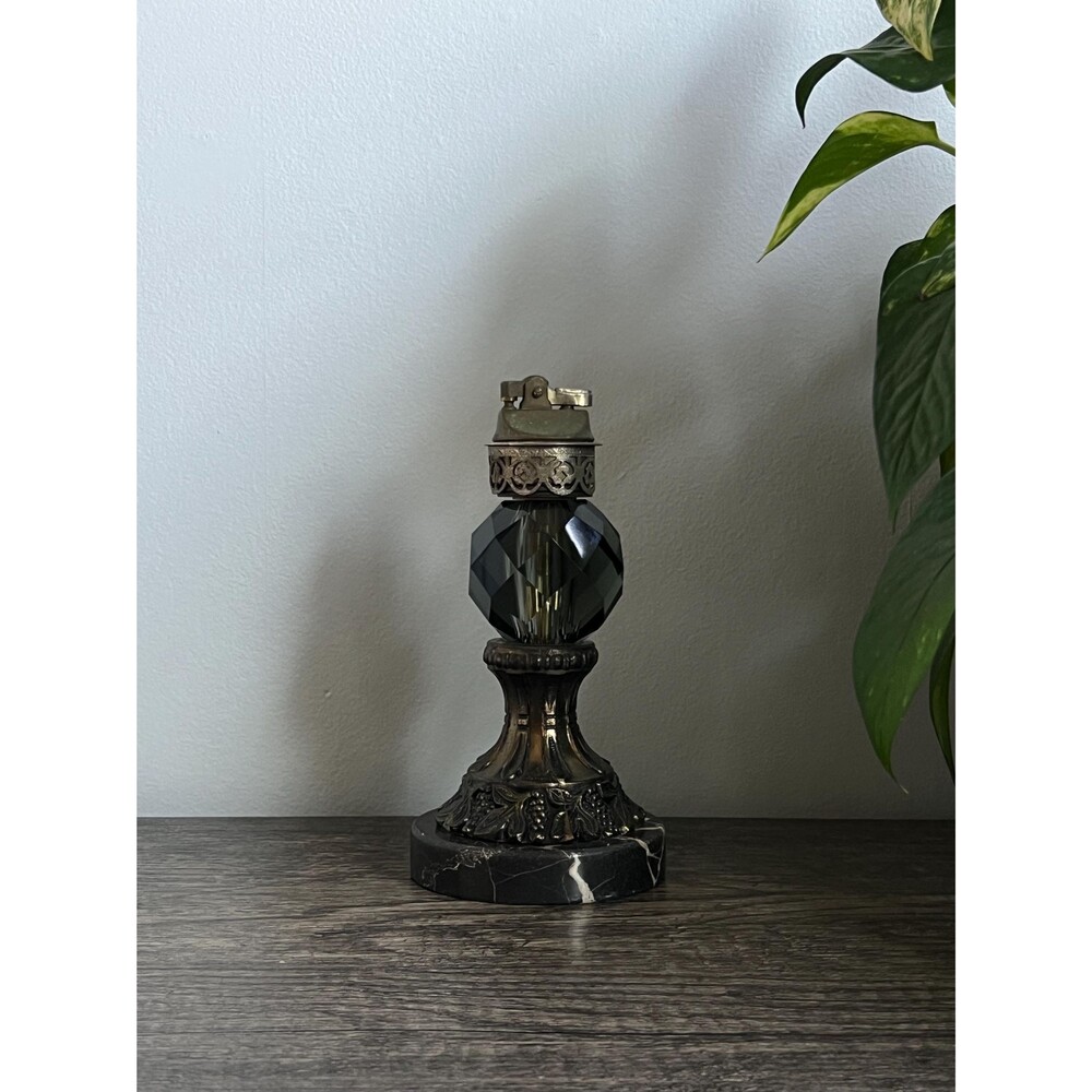 Vintage Smoky Quartz Cut Crystal, Brass on Black Marble Standing Table Lighter